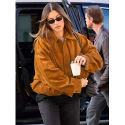 Street Style Hailey Bieber Brown Suede Jacket